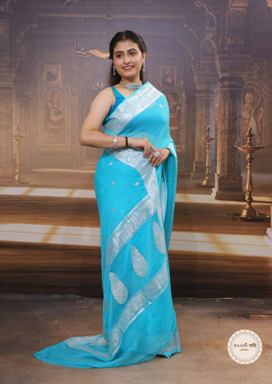 Handcrafted Khaddi Chiffon Saree With Kadua Buttis and Pure Silver Zari Banarasi Border-Turquoise