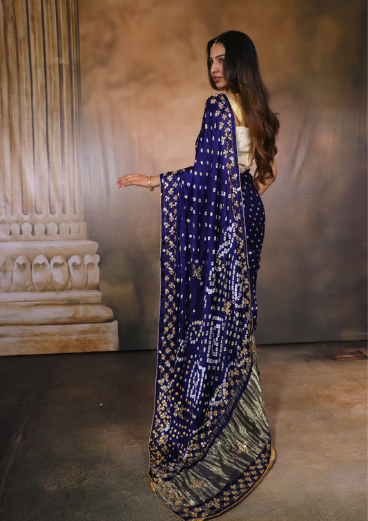 Modal Gajji Bandhani Saree-Ink Blue