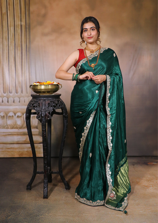 Modal Gajji Silk Gota Patti Saree-Green