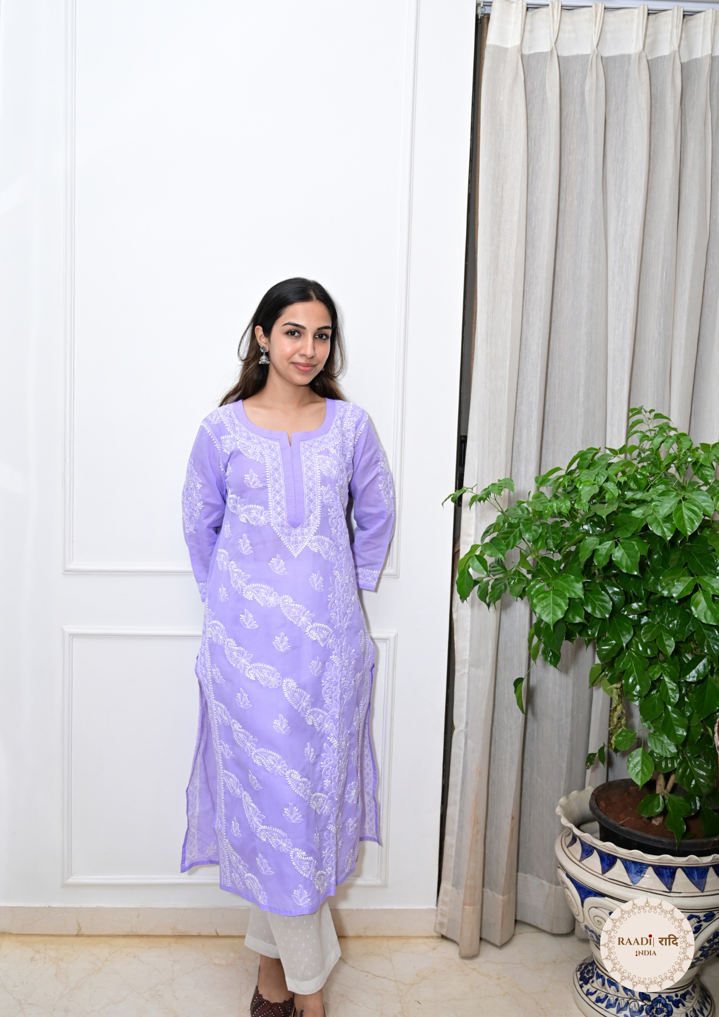 Cotton Chikankari Kurti with Intricate Embroidery- Lilac