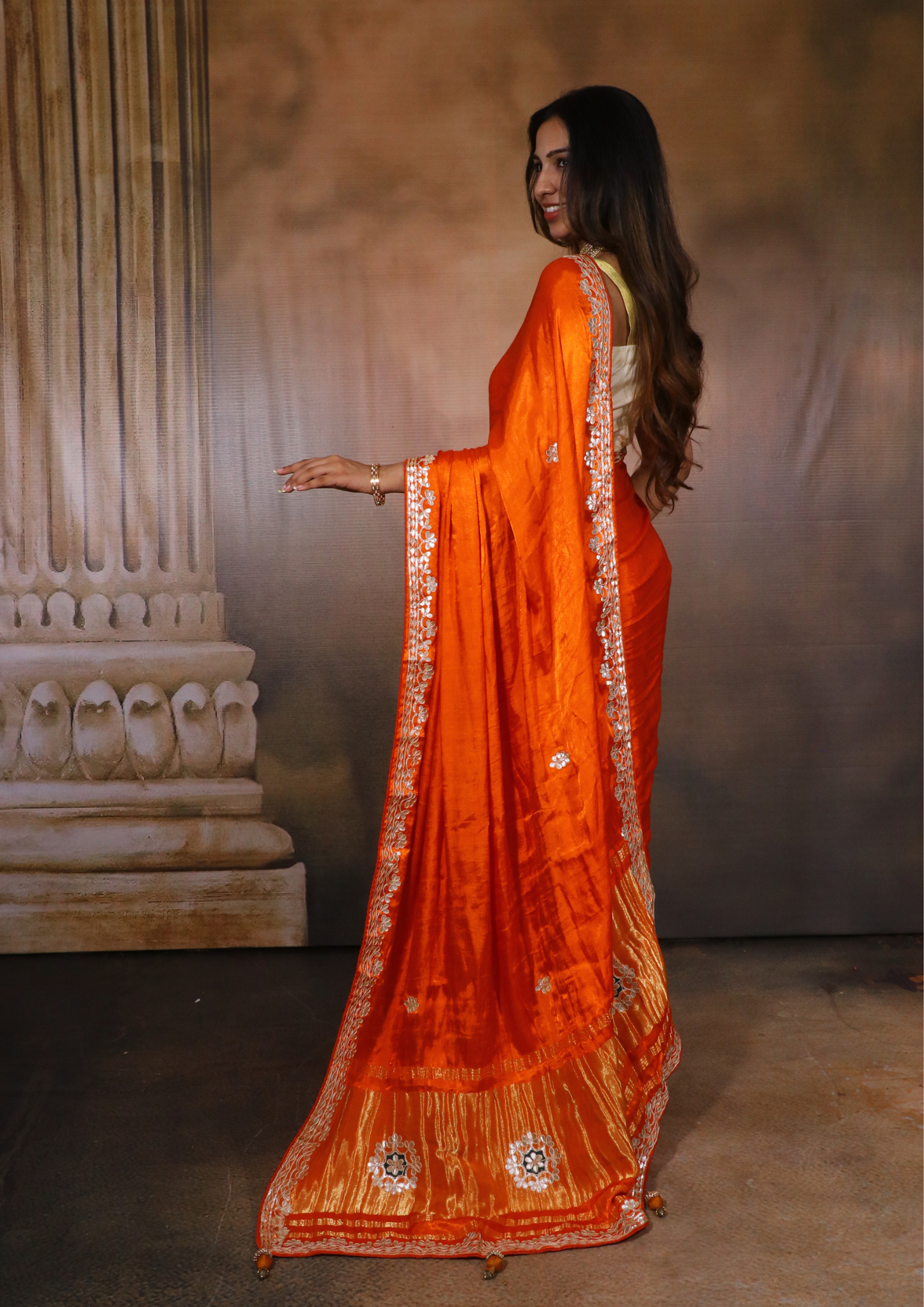 Modal Gajji Silk Gota Patti Saree- Orange
