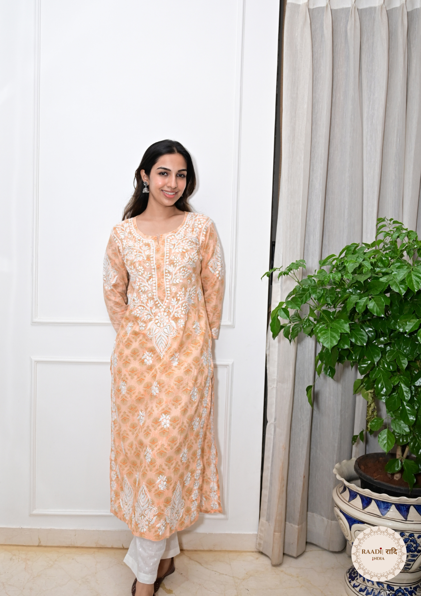 Printed Cotton Chikankari Kurti from Lucknow-Apricot