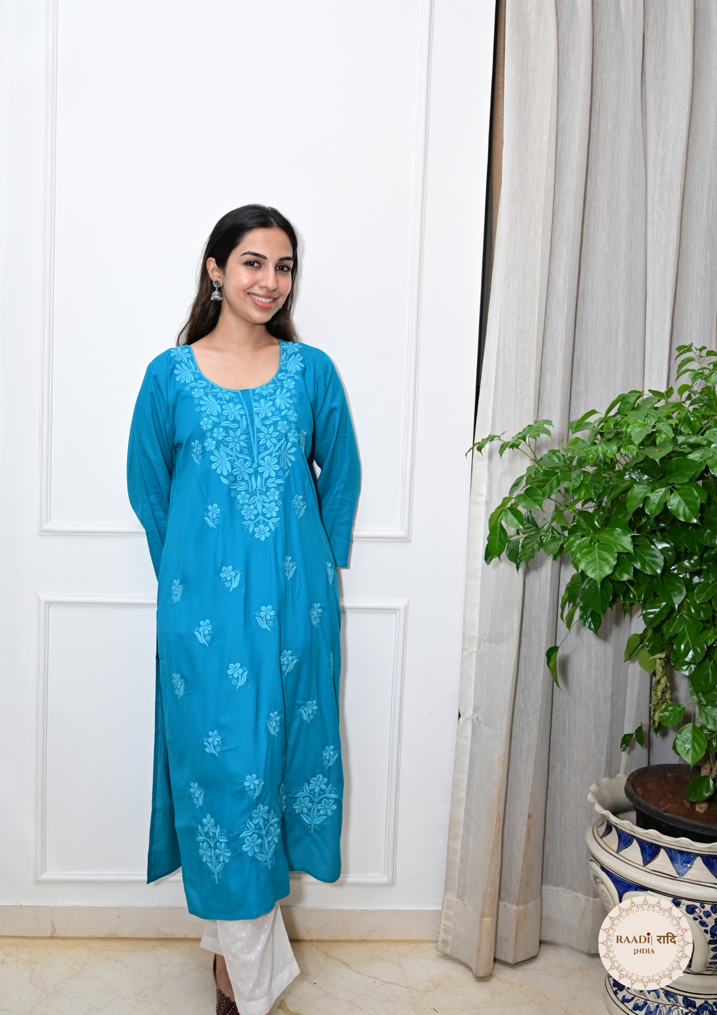 Rayon Chikankari Kurti from Lucknow-Blue