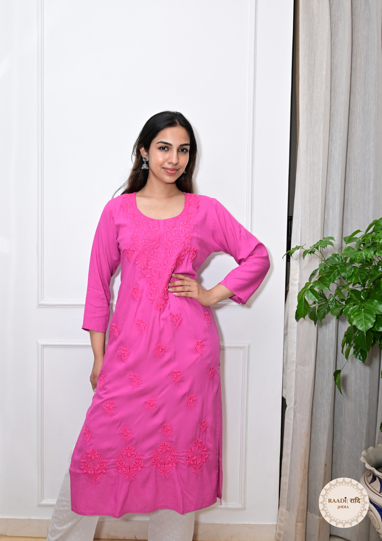 Rayon Chikankari Kurti from Lucknow-Pink