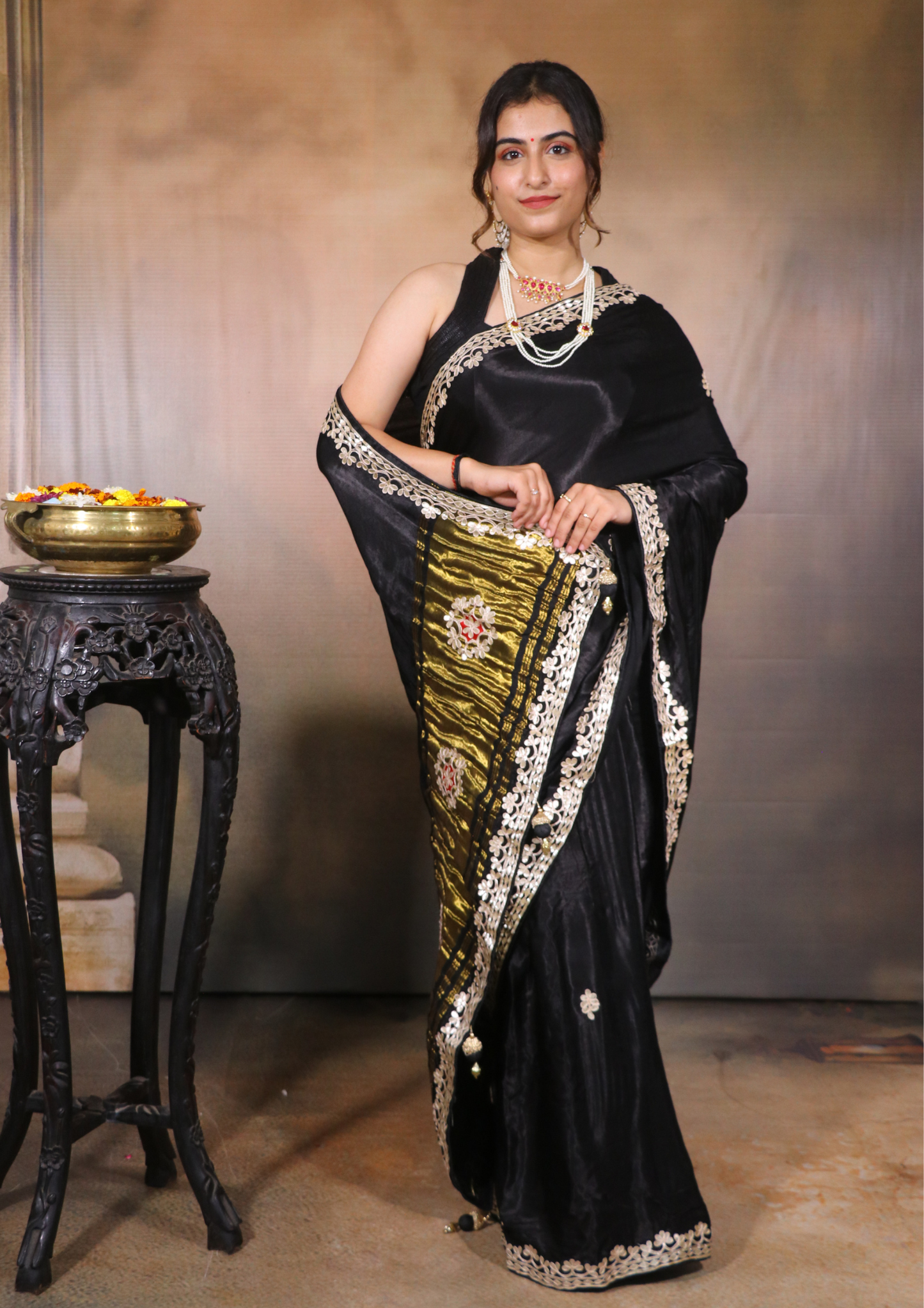 Modal Gajji Silk Gota Patti Saree-Black