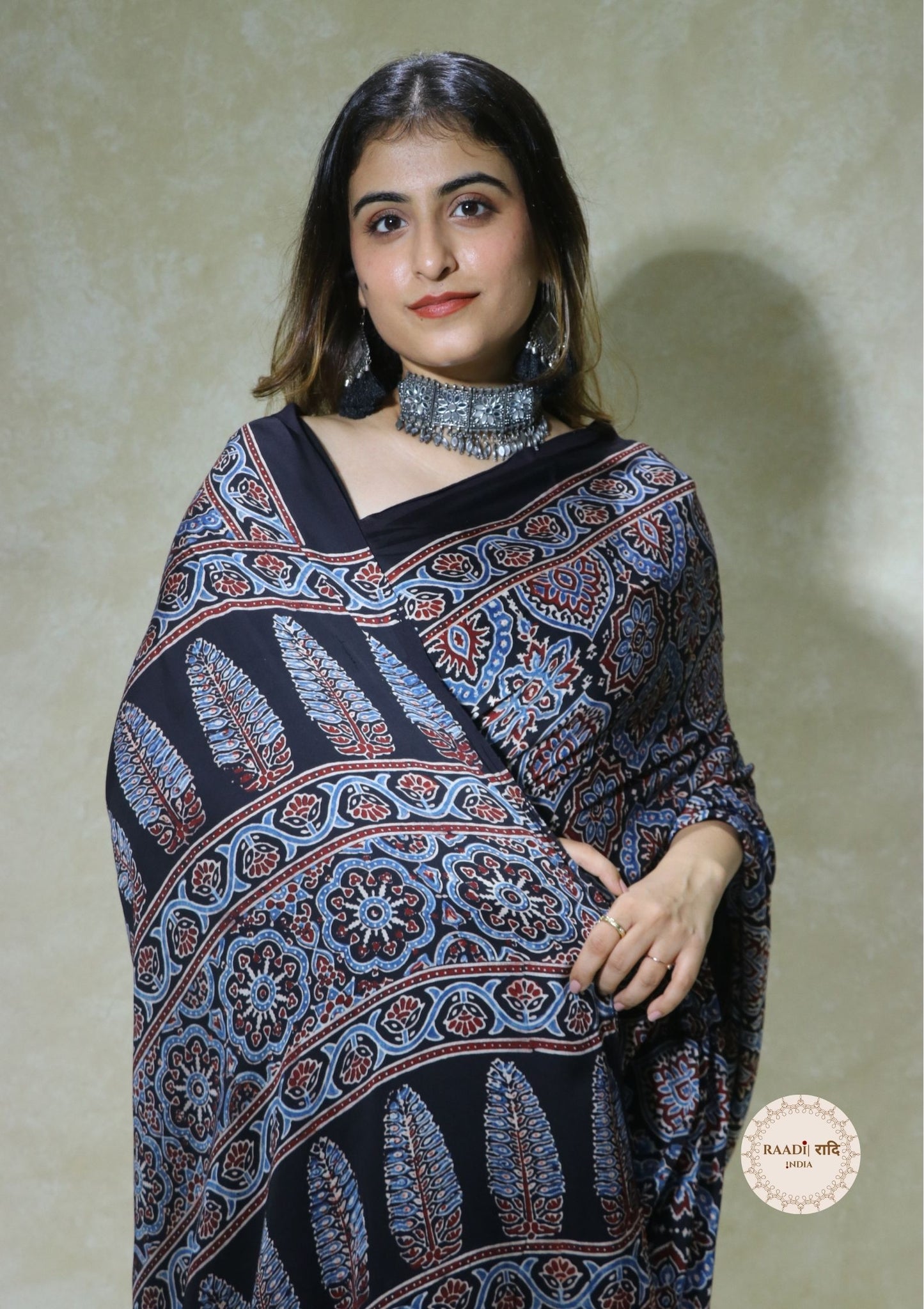 Ajrakh Modal Silk Saree from Kutch – Handcrafted with Natural Dyes