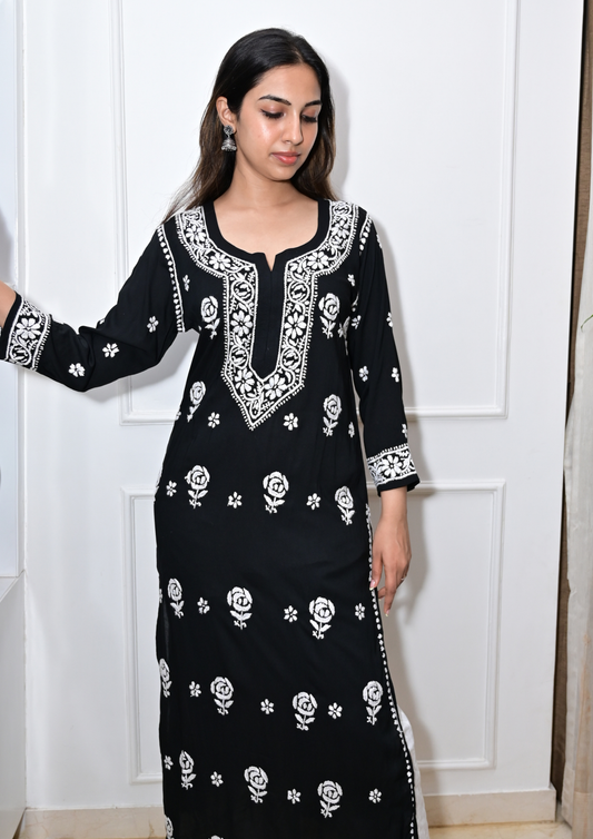 Modal Kurti With Roses Handcrafted All-Over From Lucknow- Black