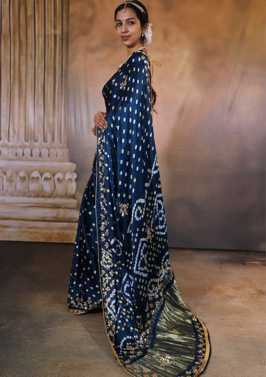 Modal Gajji Bandhani Saree-Teal Blue