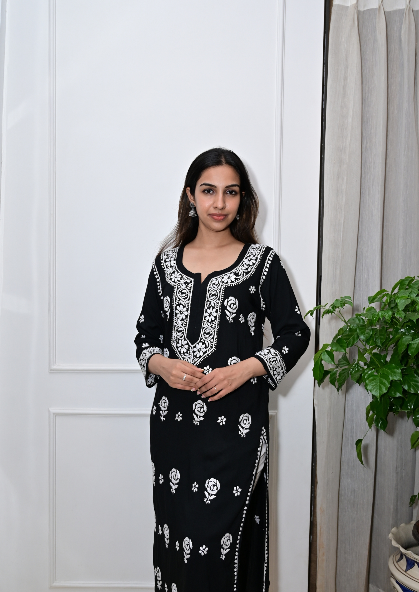 Modal Kurti With Roses Handcrafted All-Over From Lucknow- Black