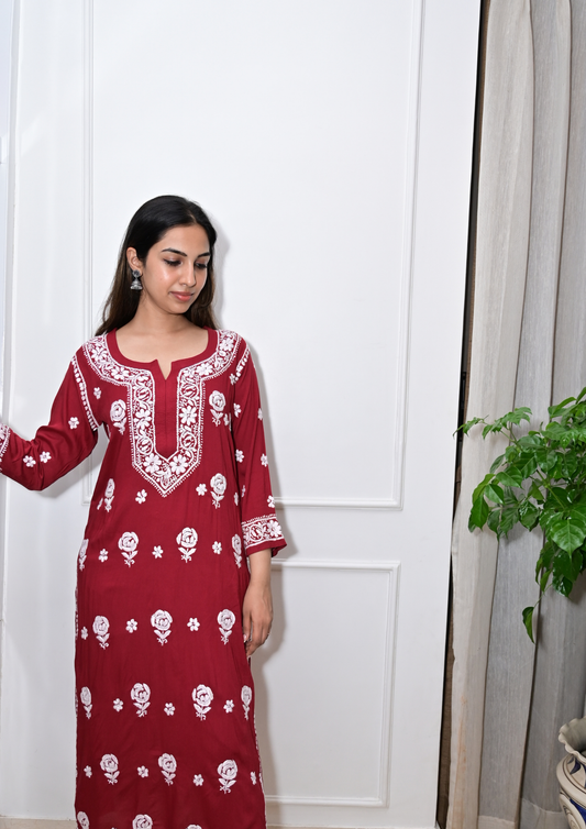 Modal Kurti With Roses Handcrafted All-Over From Lucknow-Maroon