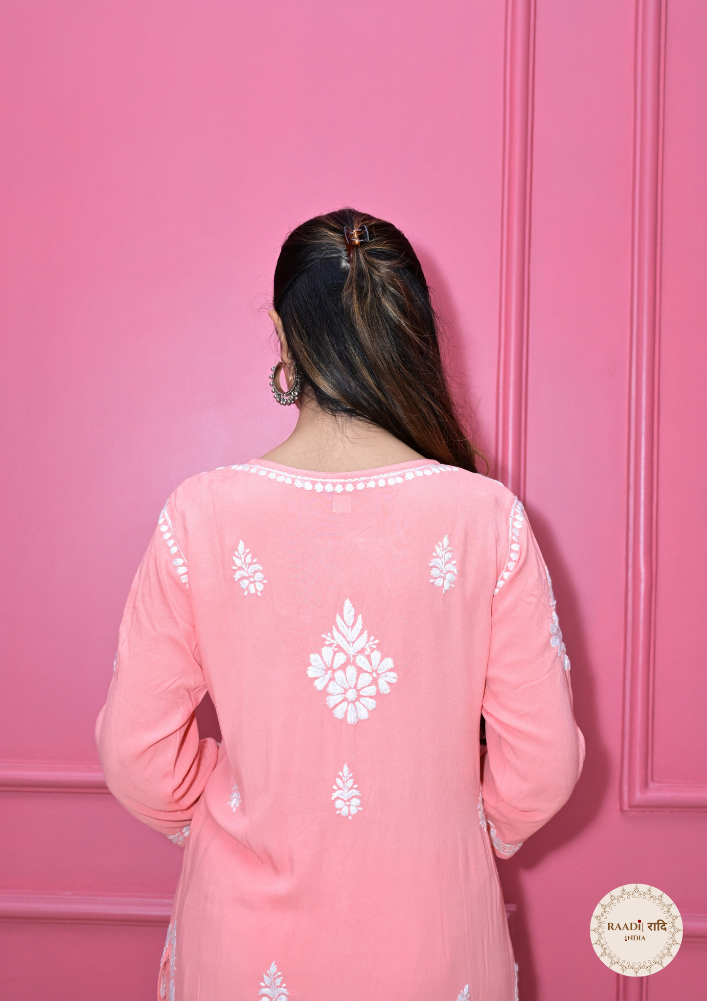 Modal Kurta and Pants Set with Lucknowi Embroidery-Peach Pink
