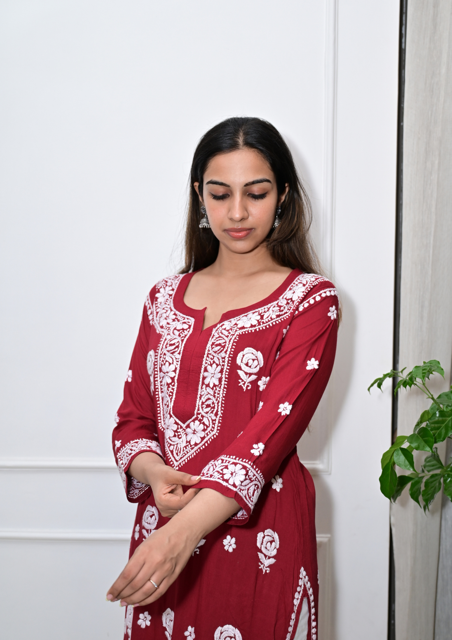 Modal Kurti With Roses Handcrafted All-Over From Lucknow-Maroon