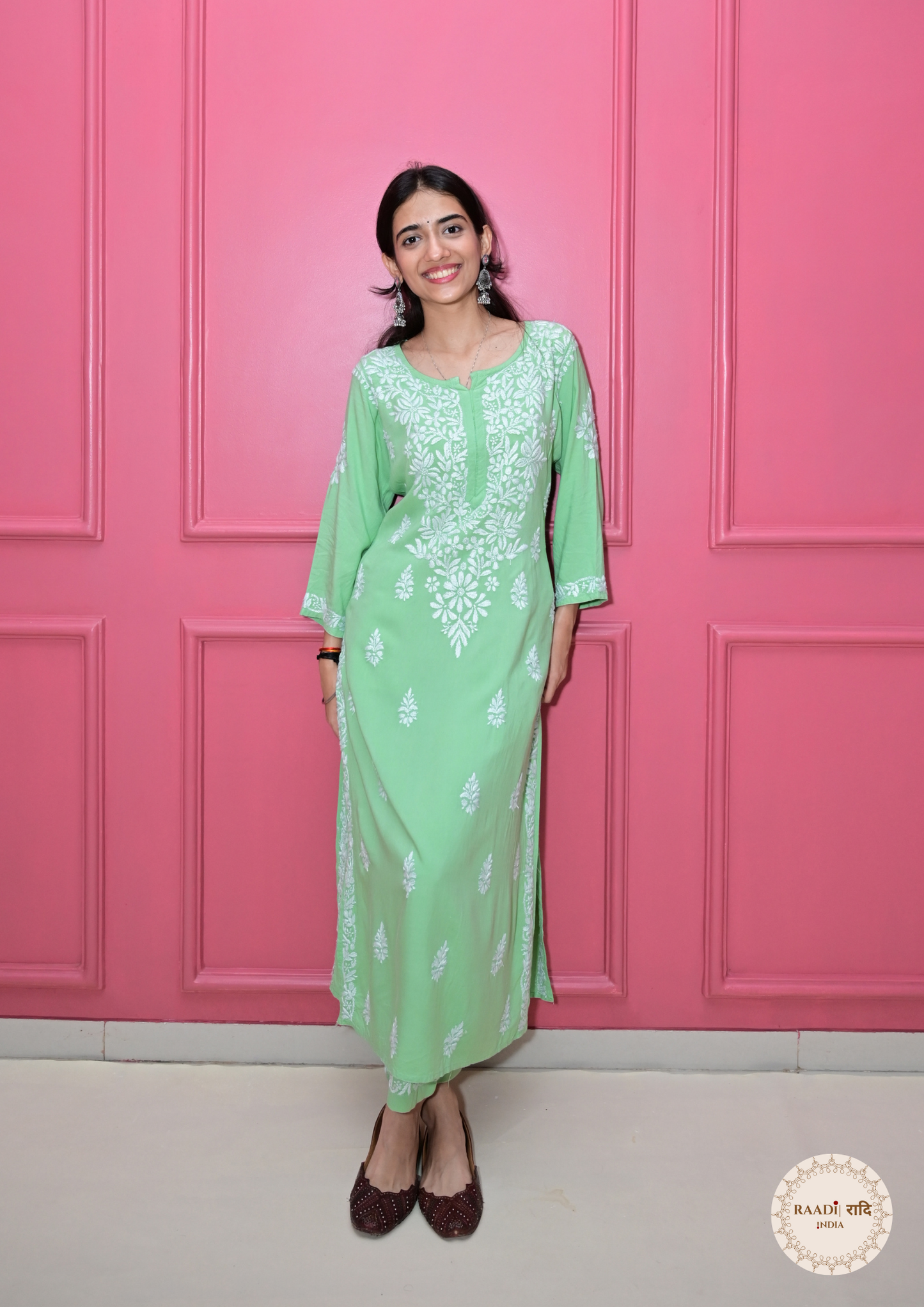 Modal Kurta and Pants Set with Lucknowi Embroidery- Pista Green