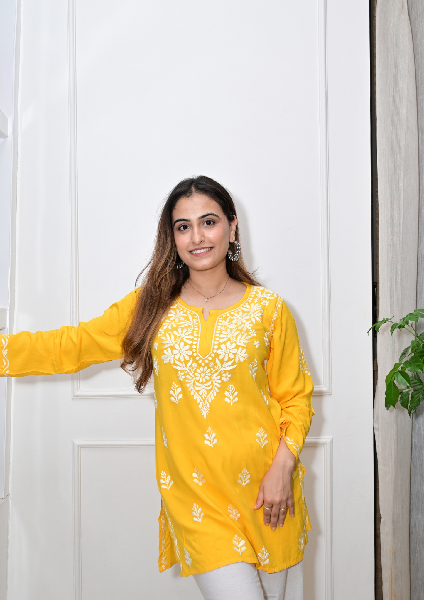 Handcrafted Lucknowi Modal Short Kurti- Yellow