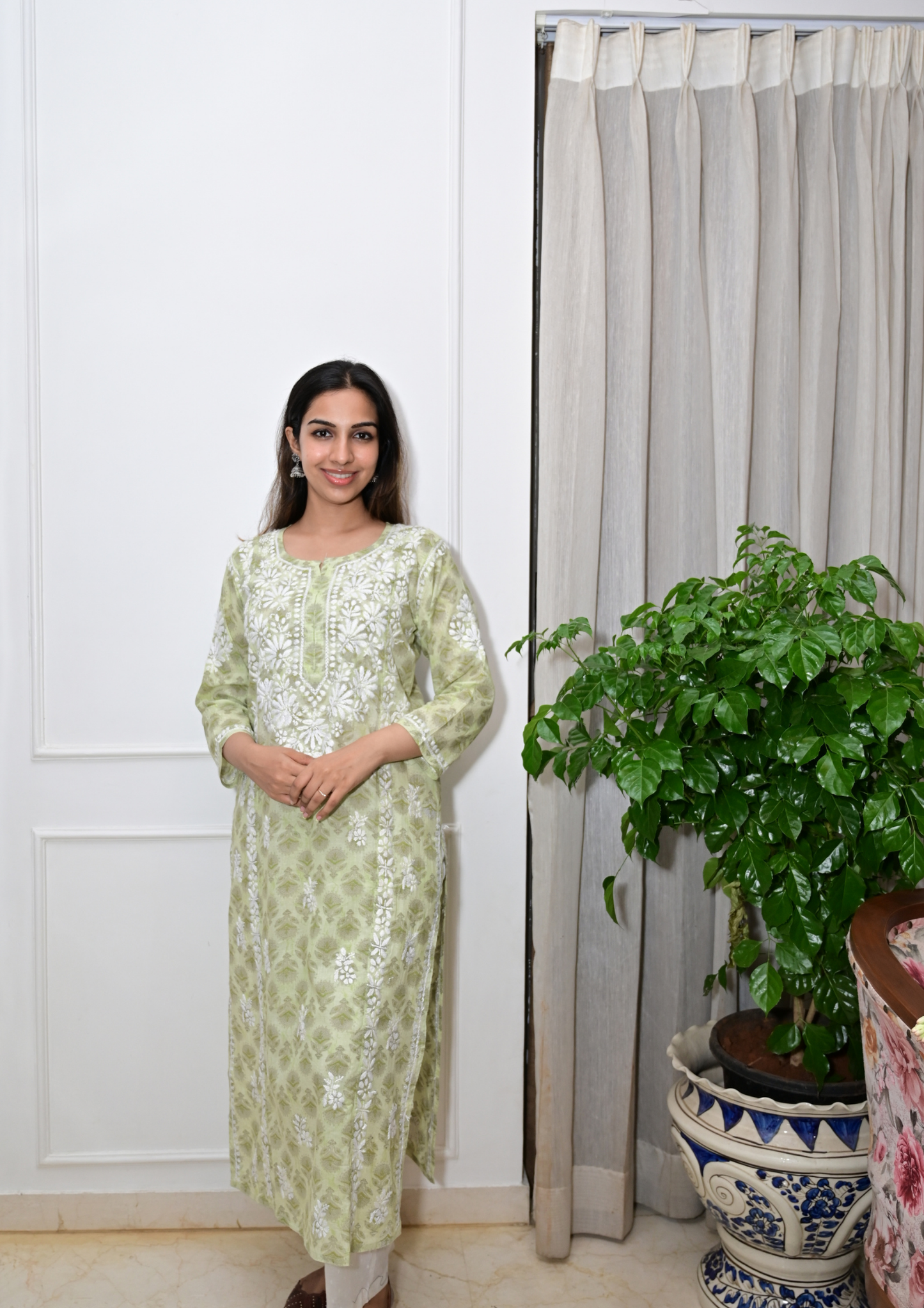Printed Cotton Chikankari Kurti from Lucknow- Pista Green