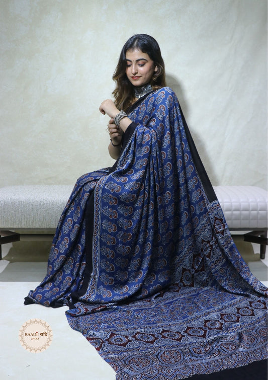 Ajrakh Modal Silk Saree from Kutch – Handcrafted with Natural Dyes