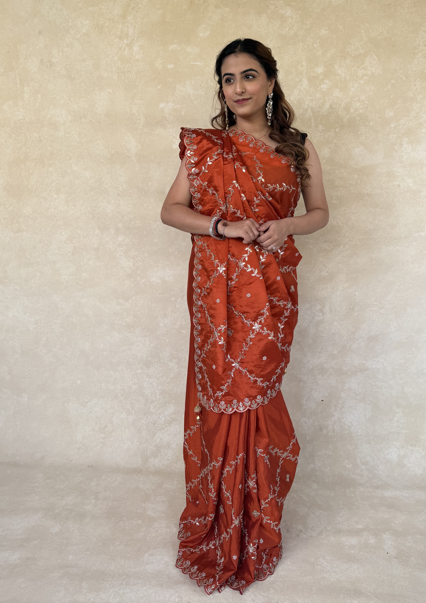 Rusty Orange H.O. Silk Saree with Gota Foil, Sequence & Moti Work