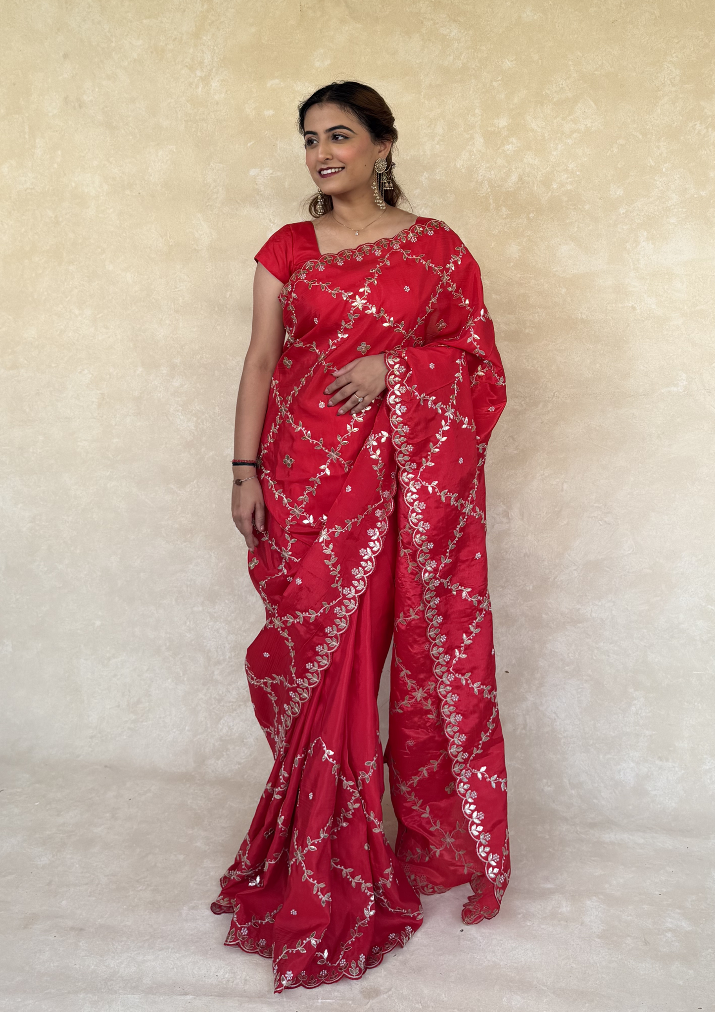 Red H.O. Silk Saree with Gota Foil, Sequence & Moti Work