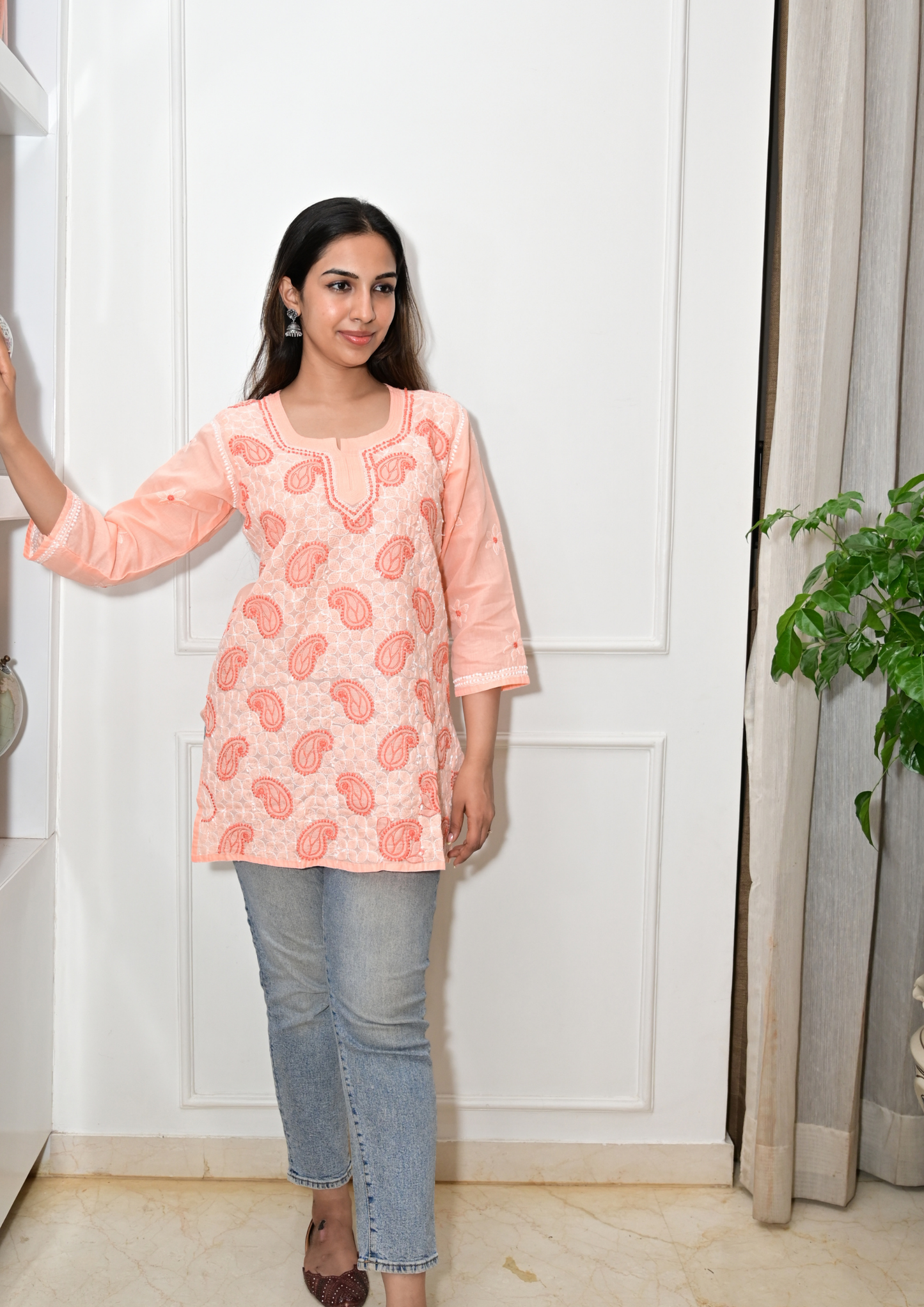 Cotton Short Kurti With Intricate Embroidery All Over-Apricot