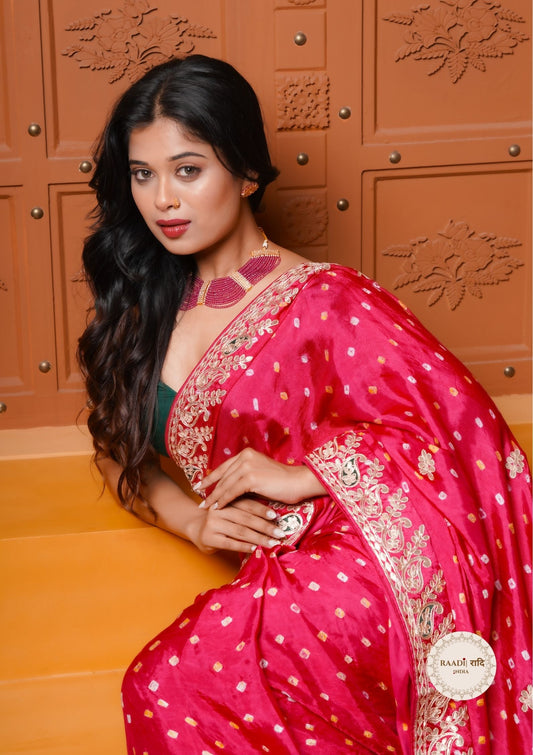 Bandhani Gajji Silk Saree with Gota Patti Border-Pink
