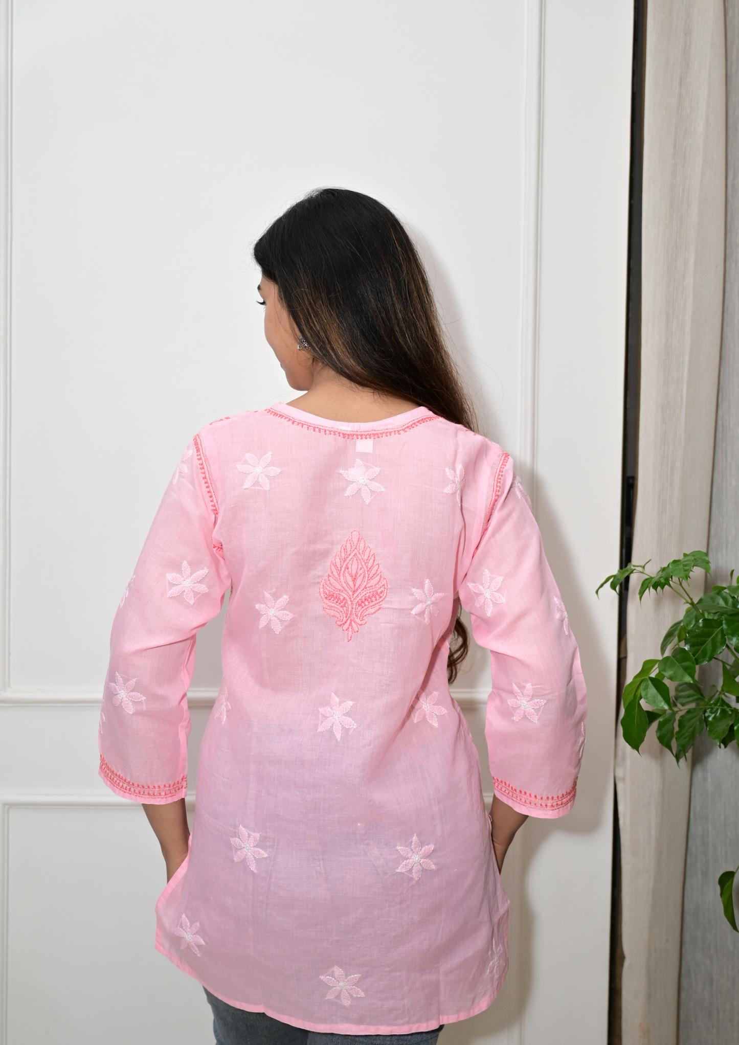 Cotton Short Kurti With Intricate Embroidery All Over-Peach Pink