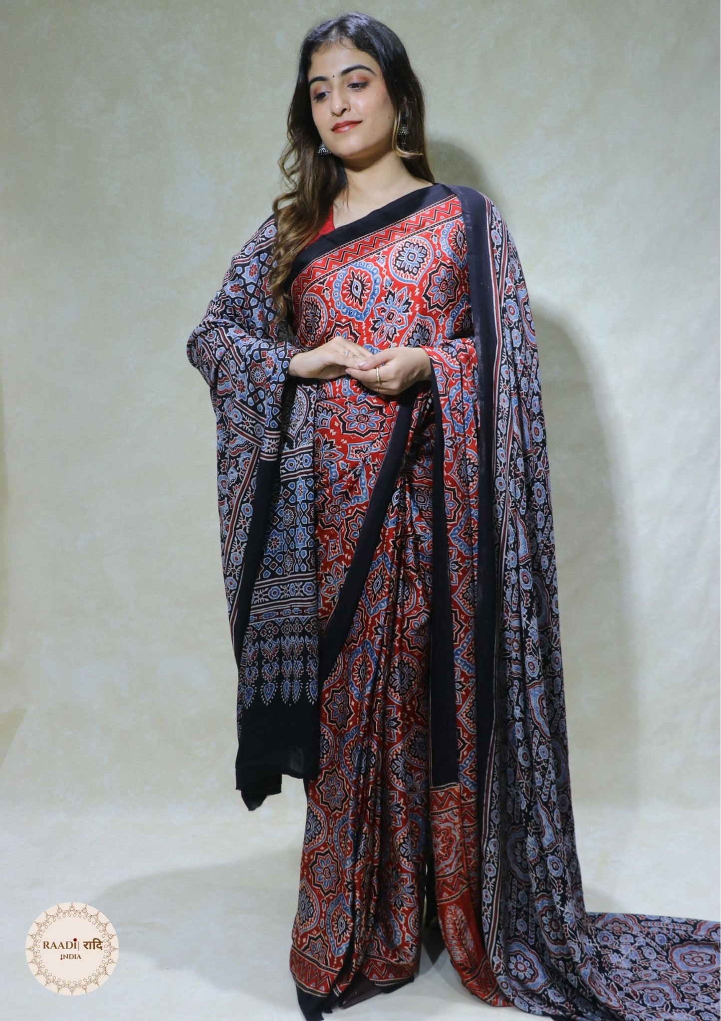 Ajrakh Modal Silk Saree from Kutch – Handcrafted with Natural Dyes