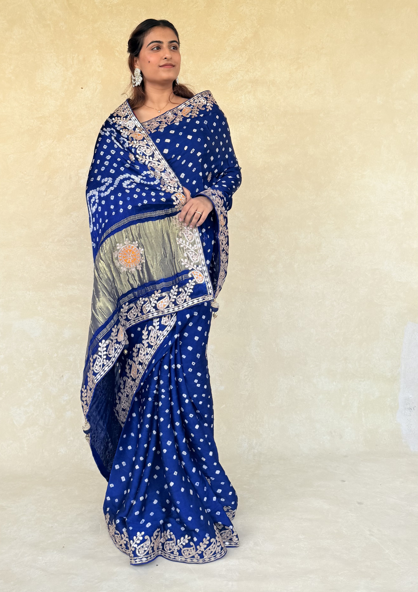 Ink Blue Modal Gajji Bandhani Saree with Handcrafted Gota Patti Border