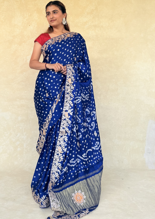 Ink Blue Modal Gajji Bandhani Saree with Handcrafted Gota Patti Border