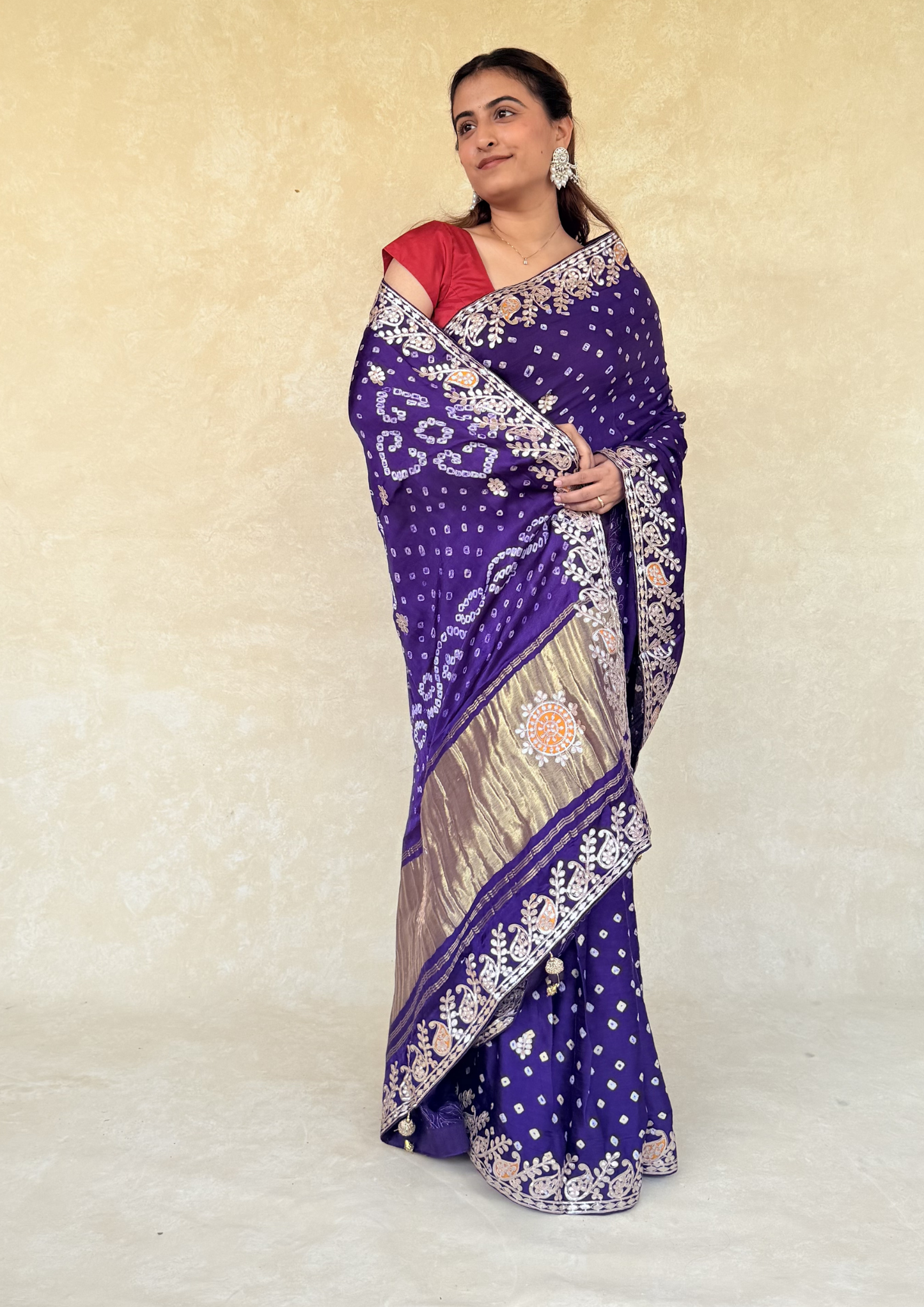 Purple Modal Gajji Bandhani Saree with Handcrafted Gota Patti Border
