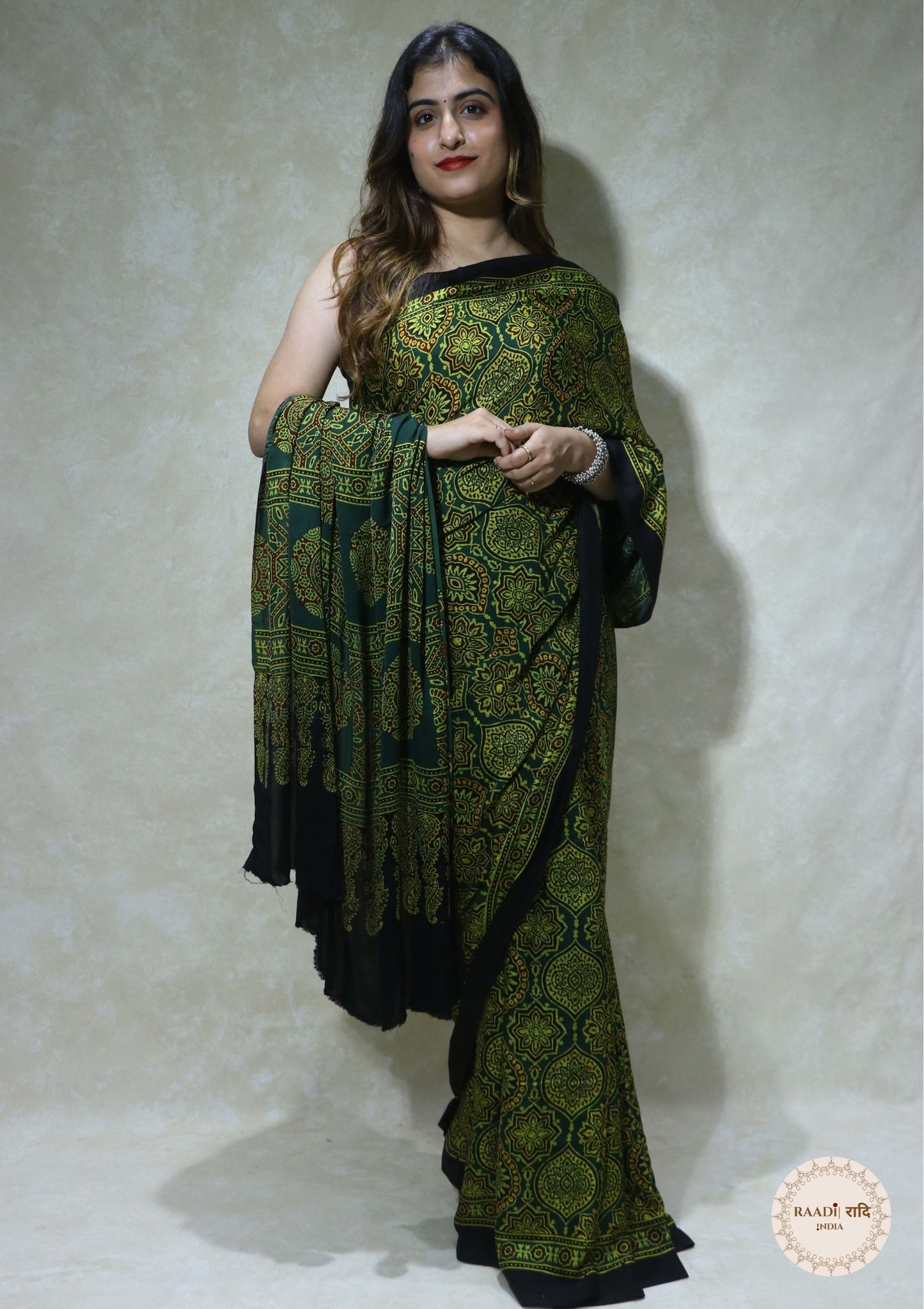 Ajrakh Modal Silk Saree from Kutch – Handcrafted with Natural Dyes