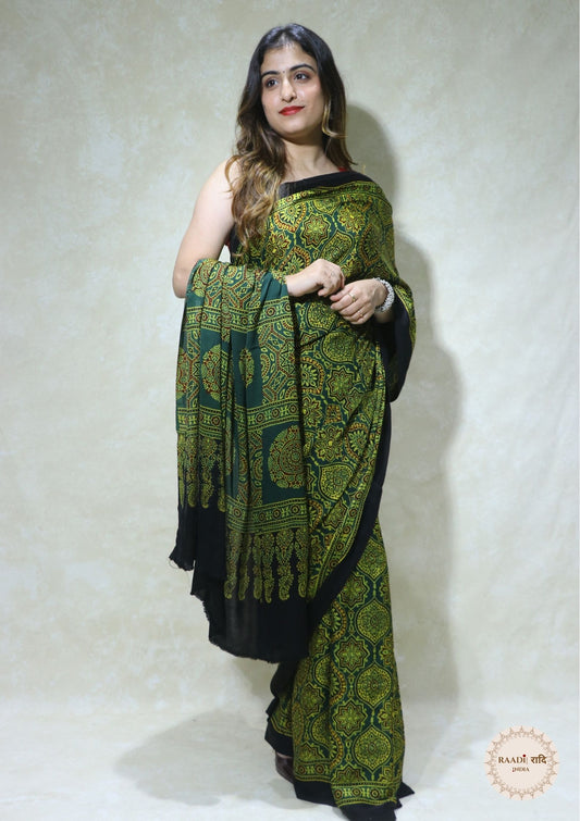 Ajrakh Modal Silk Saree from Kutch – Handcrafted with Natural Dyes