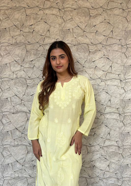 Muslin Modal Chikankari Kurta- Lemon Yellow