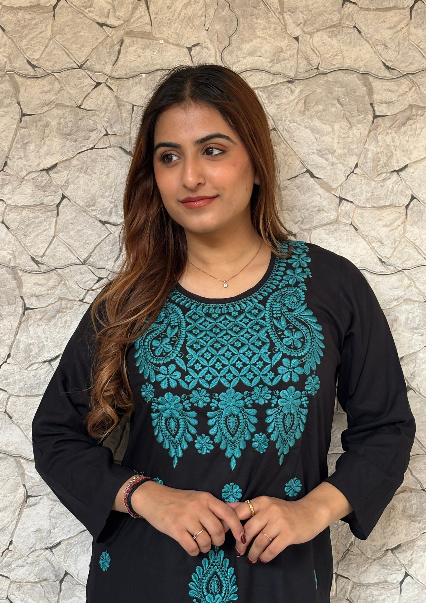 Rayon Black kurta With Contrast Chikankari Work-Turquoise Blue