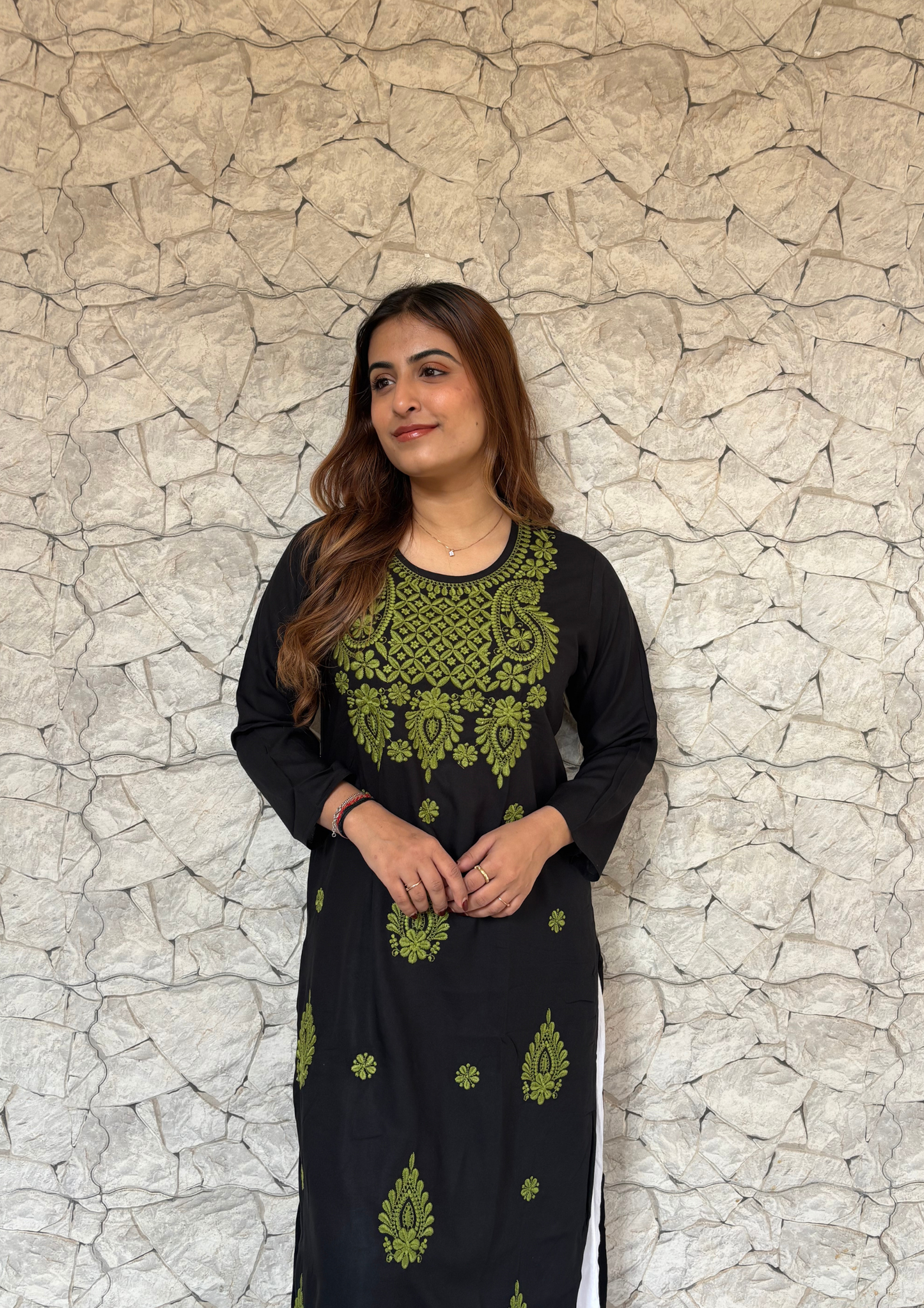 Rayon Black kurta With Contrast Chikankari Work-Green