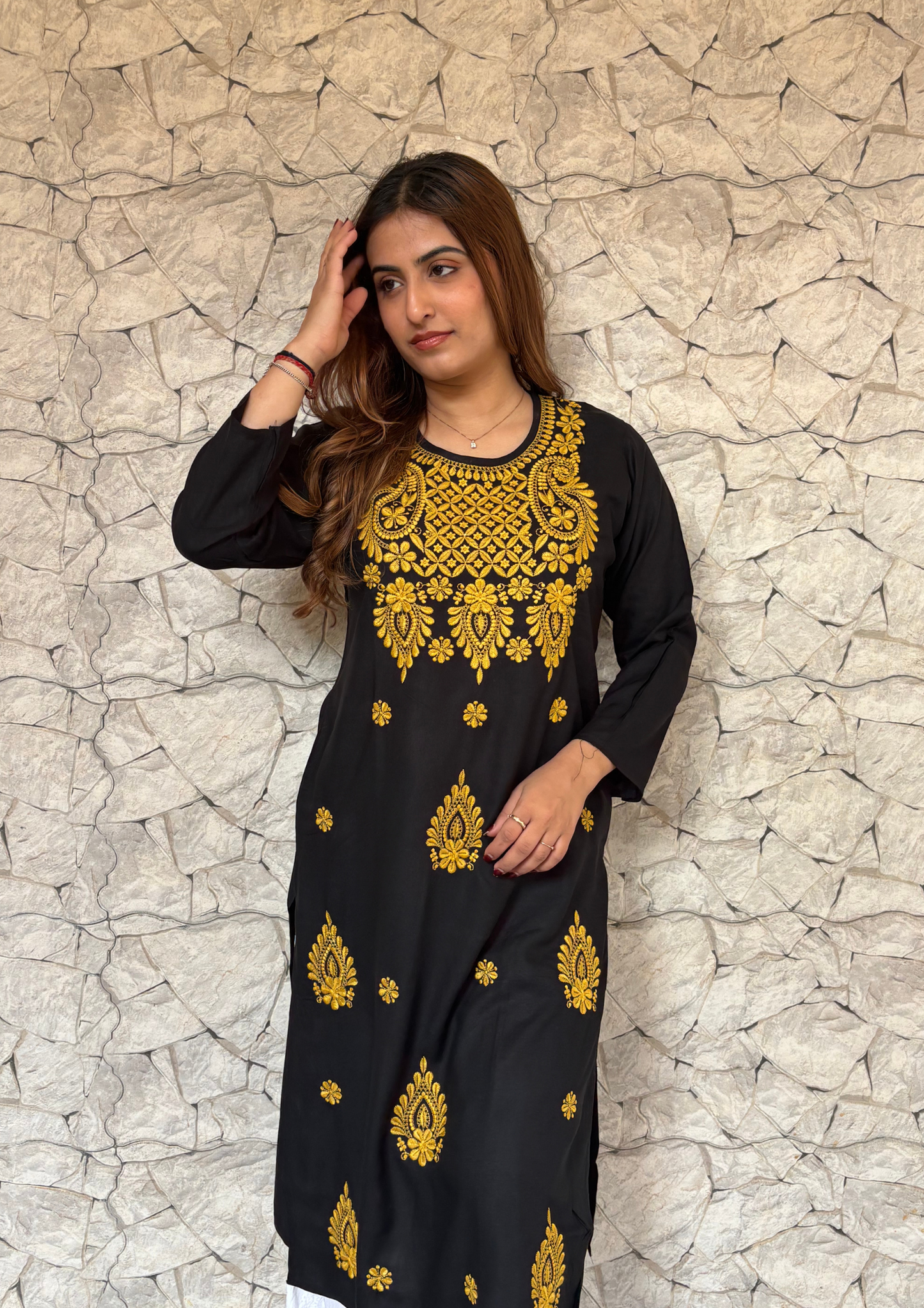 Rayon Black kurta With Contrast Chikankari Work-Yellow