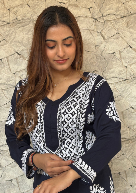 Modal Kurta With Handcrafted Motifs- Navy Blue