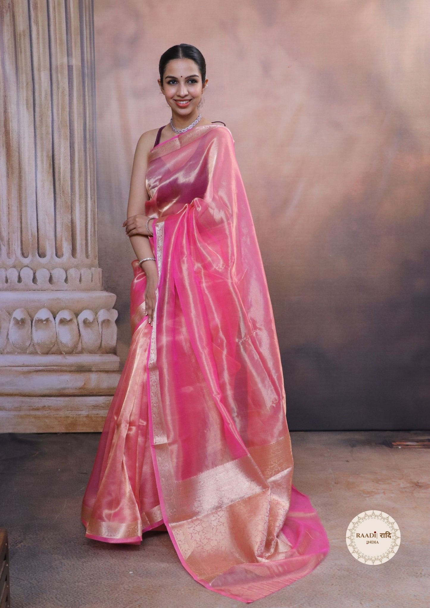 Tissue Saree With Zari and Banarasi Border-Pink