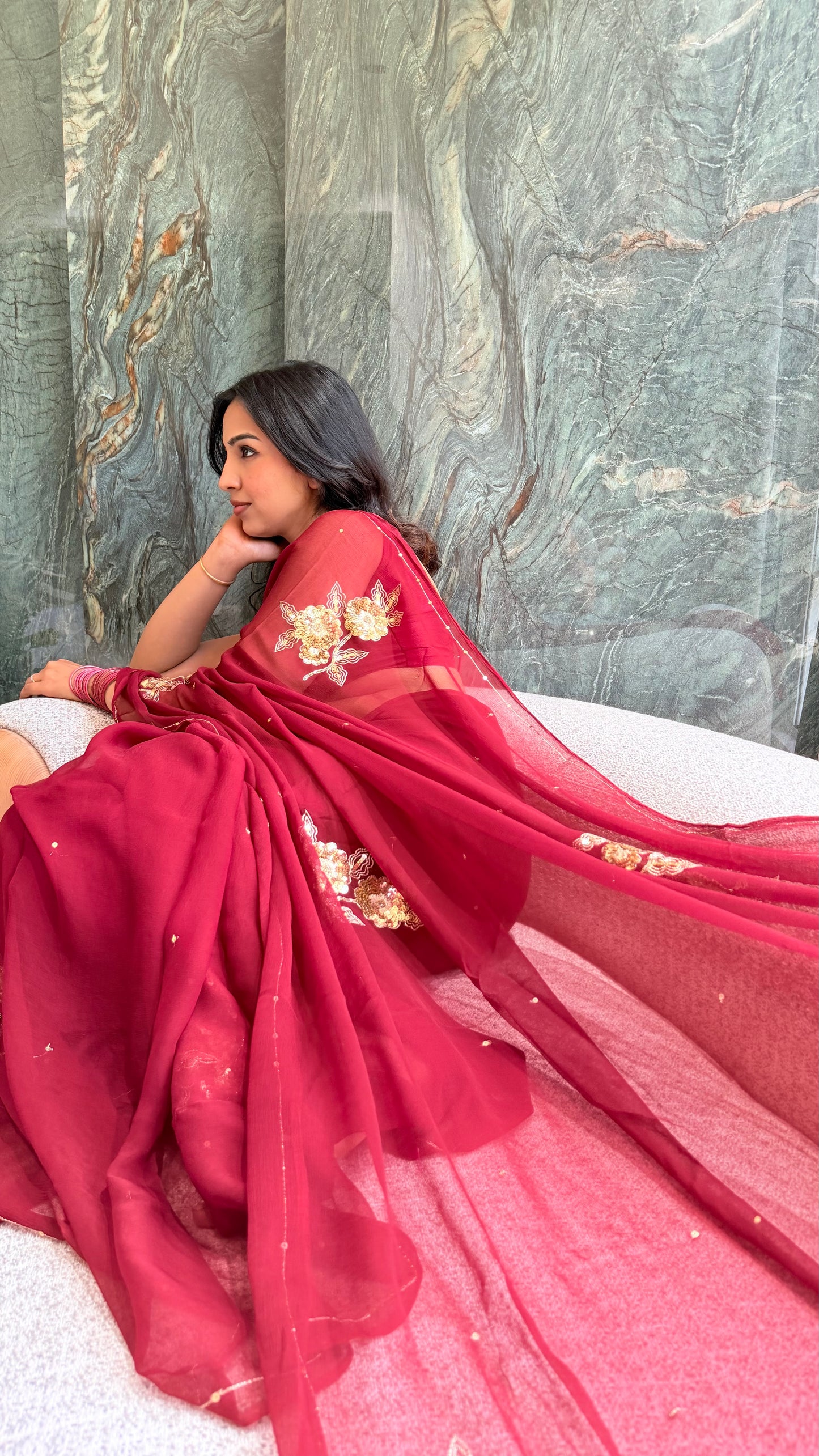 Handcrafted Rajputi Pure Chiffon Saree, Made in Jaipur- Cherry Red