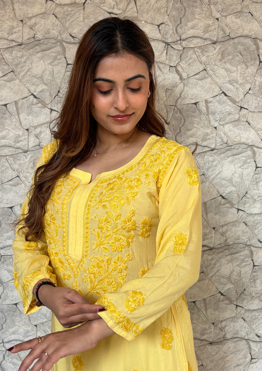 Kurta With Handcrafted Motifs-Yellow