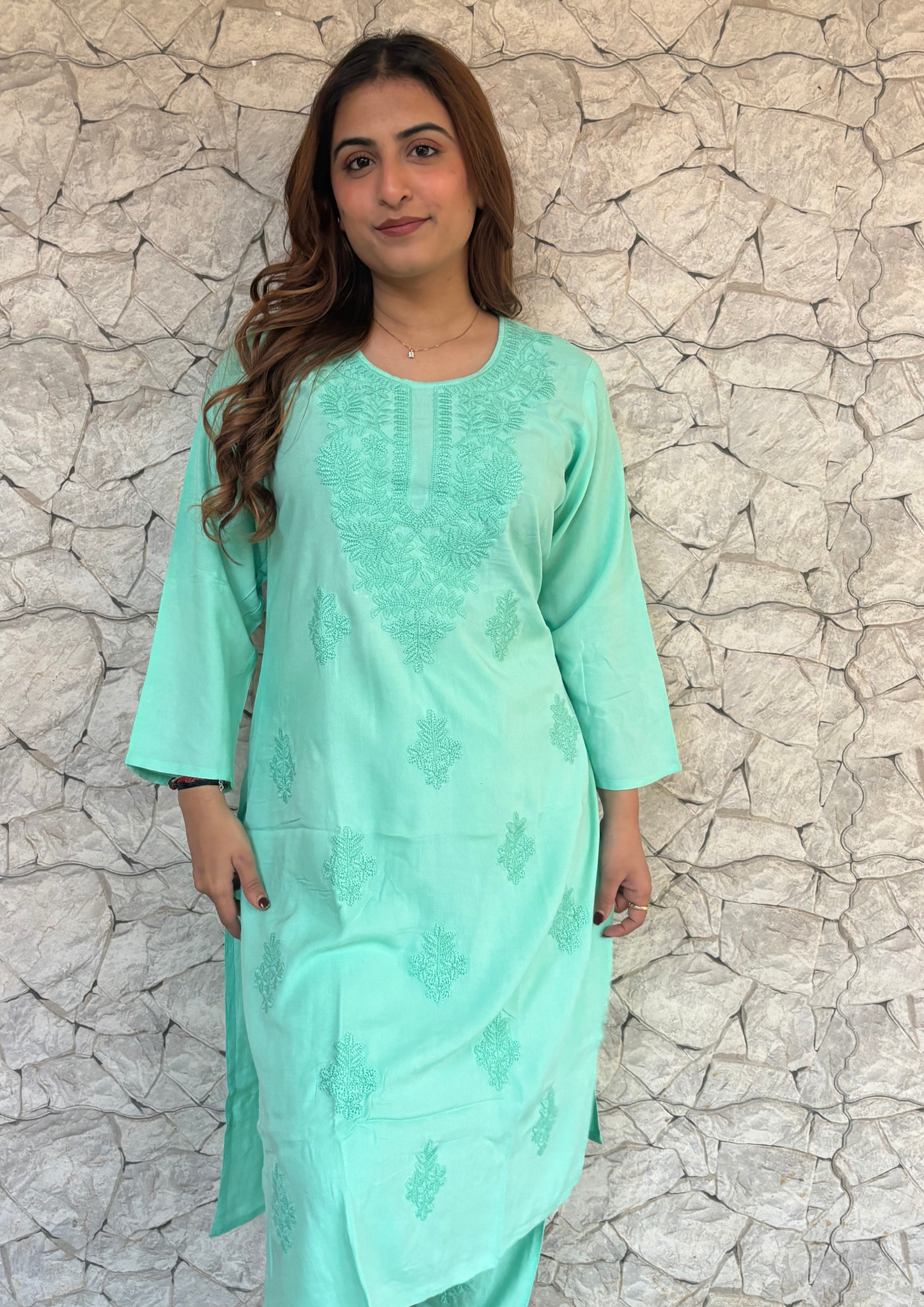 2 Piece Lucknowi Set from Lucknow- Mint Green