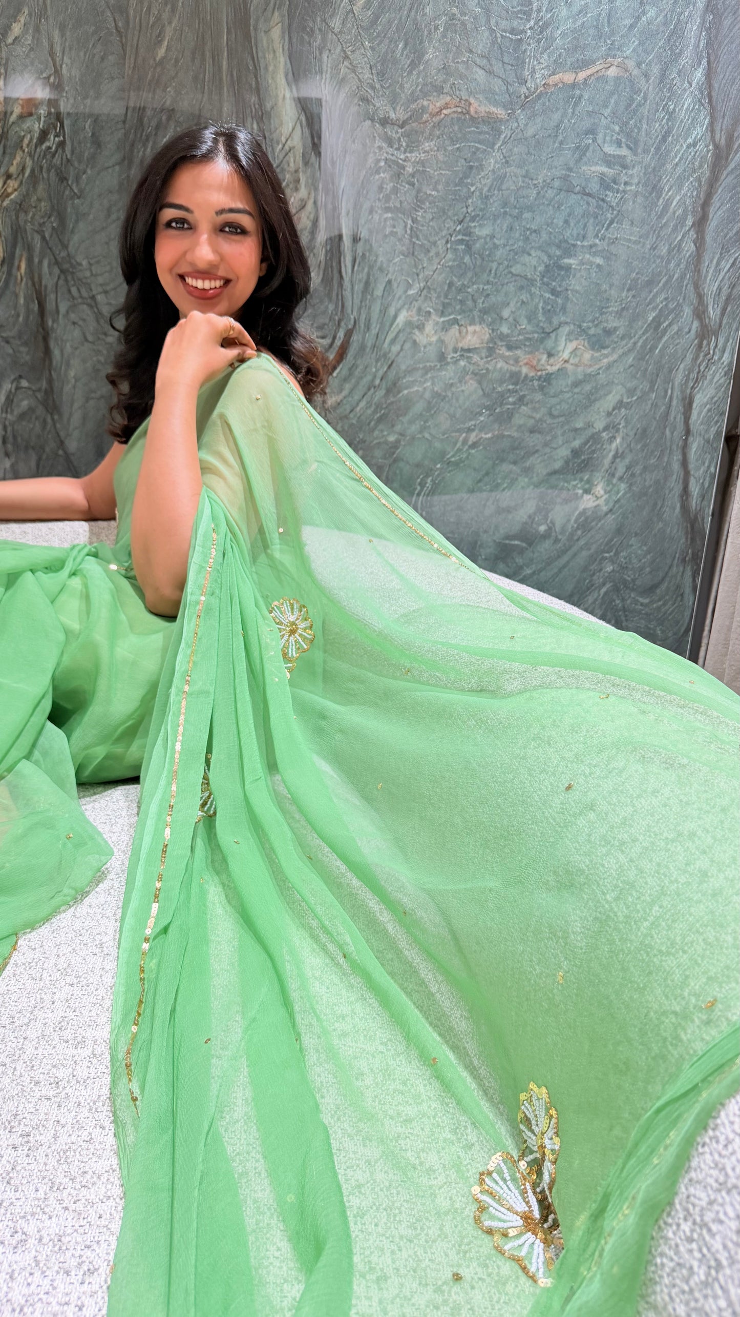 Handcrafted Rajputi Pure Chiffon Saree, Made in Jaipur-Muted Green