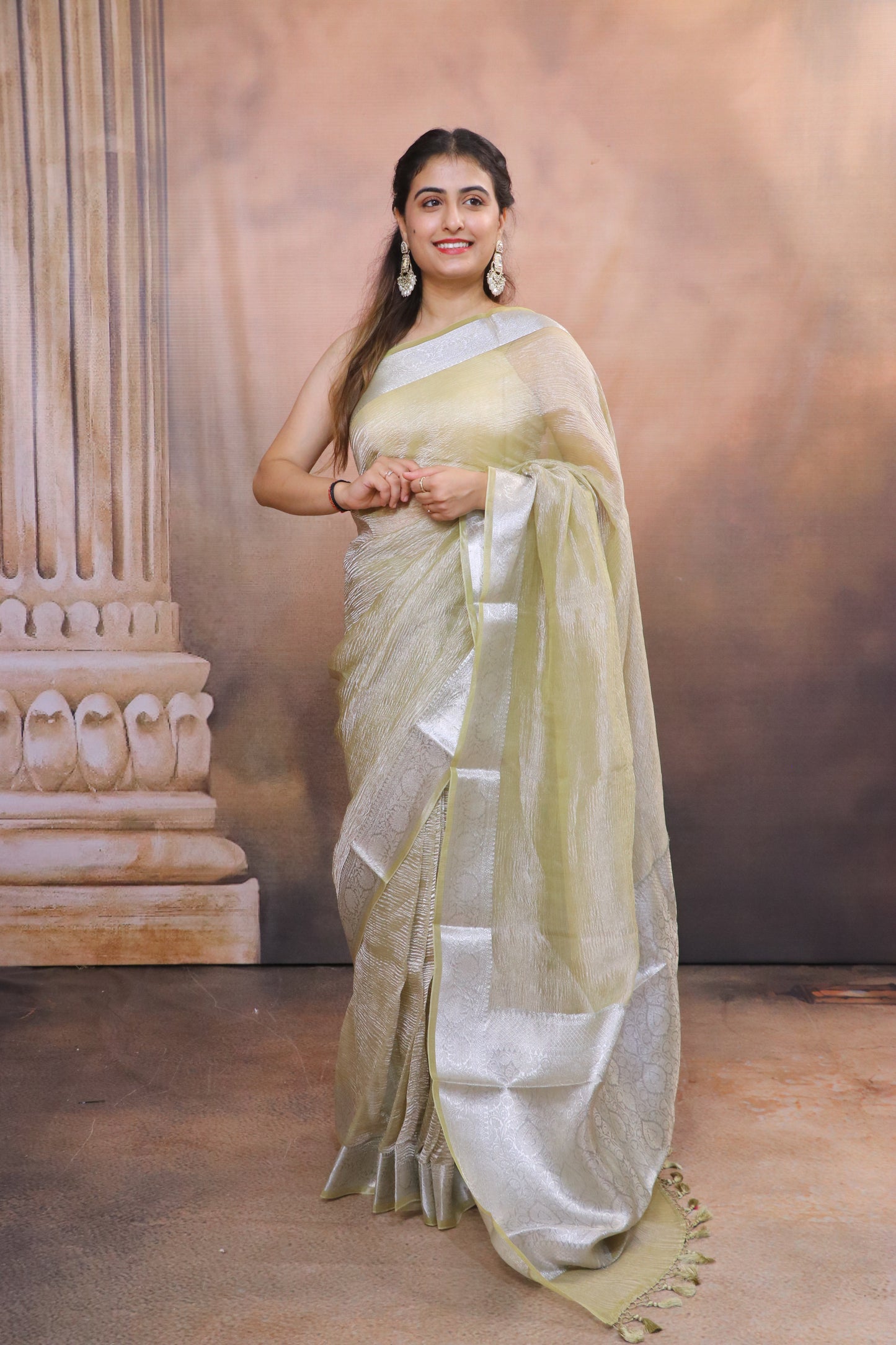 Crushed Tissue Saree With Silver Zari and Banarasi Border-Green