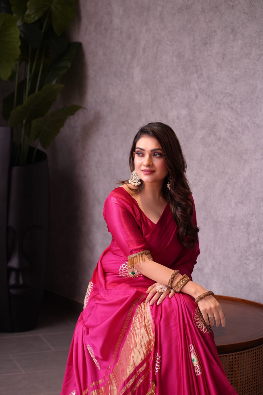 Modal Silk Saree with Handcrafted Gota Patti Floral Work