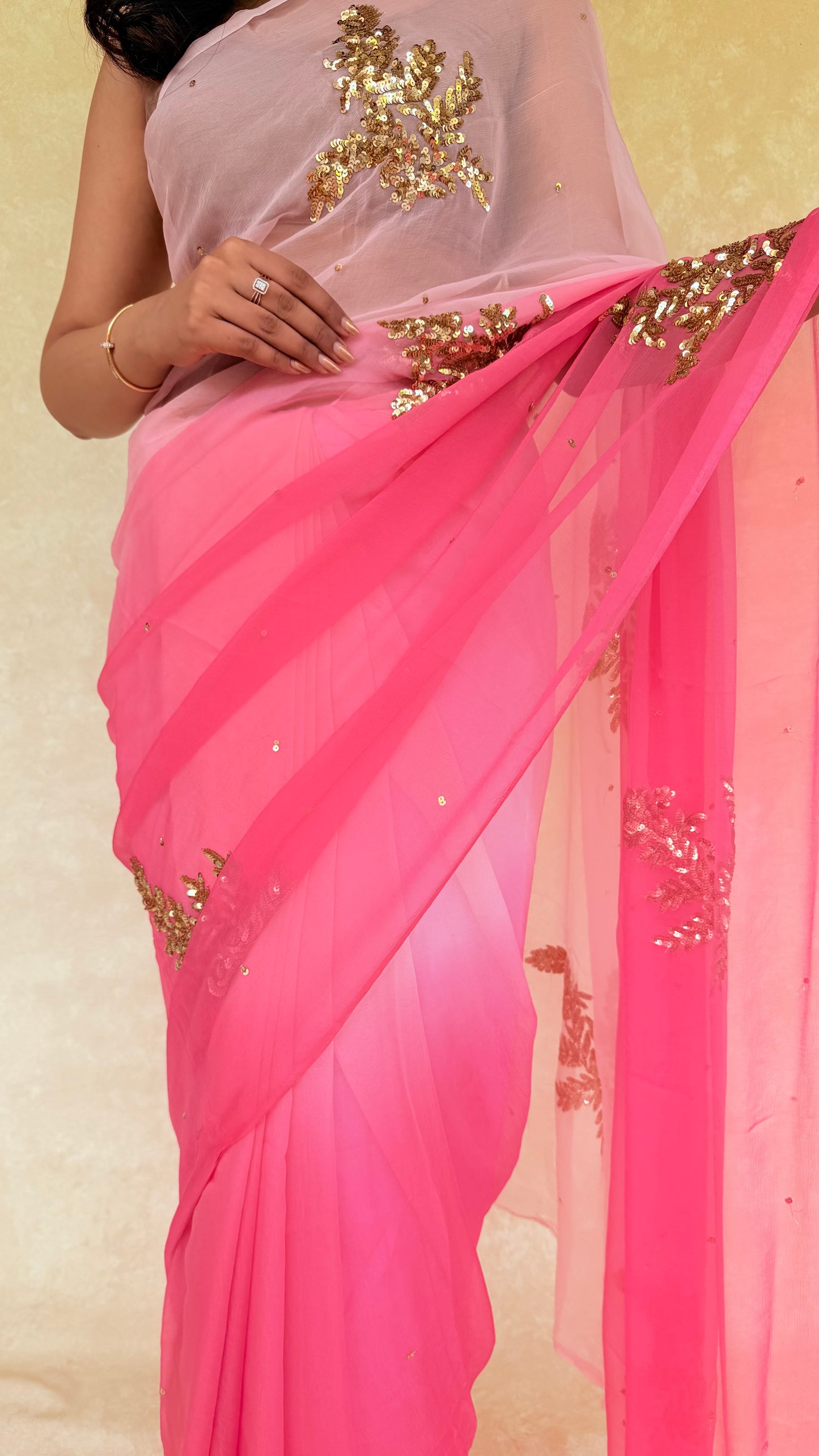 Handcrafted Ombre Rajputi Pure Chiffon Saree, Made in Jaipur-Peach Pink