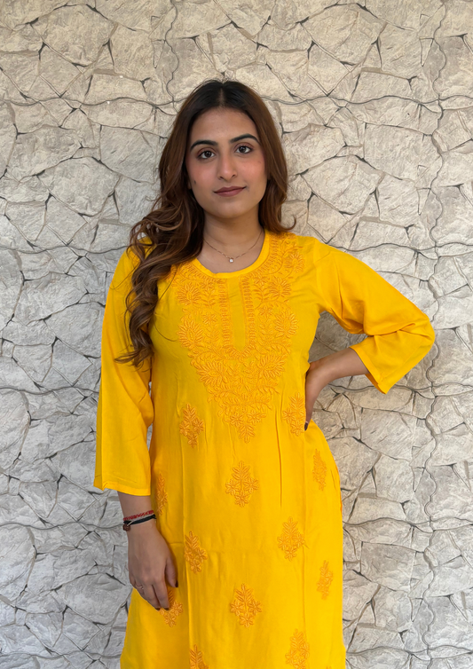 2 Piece Lucknowi Set from Lucknow- Mustard Yellow