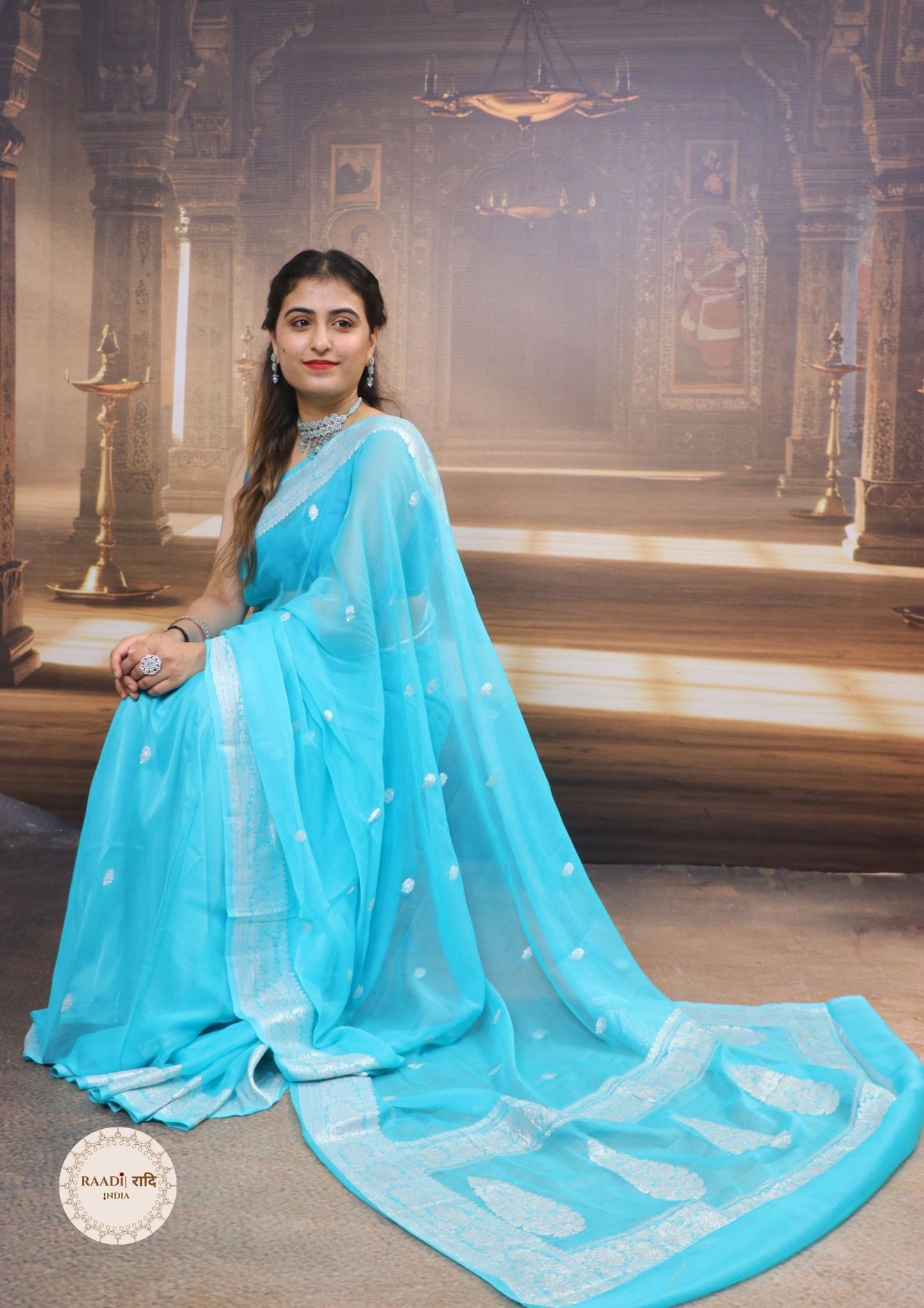 Handcrafted Khaddi Chiffon Saree With Kadua Buttis and Pure Silver Zari Banarasi Border-Turquoise