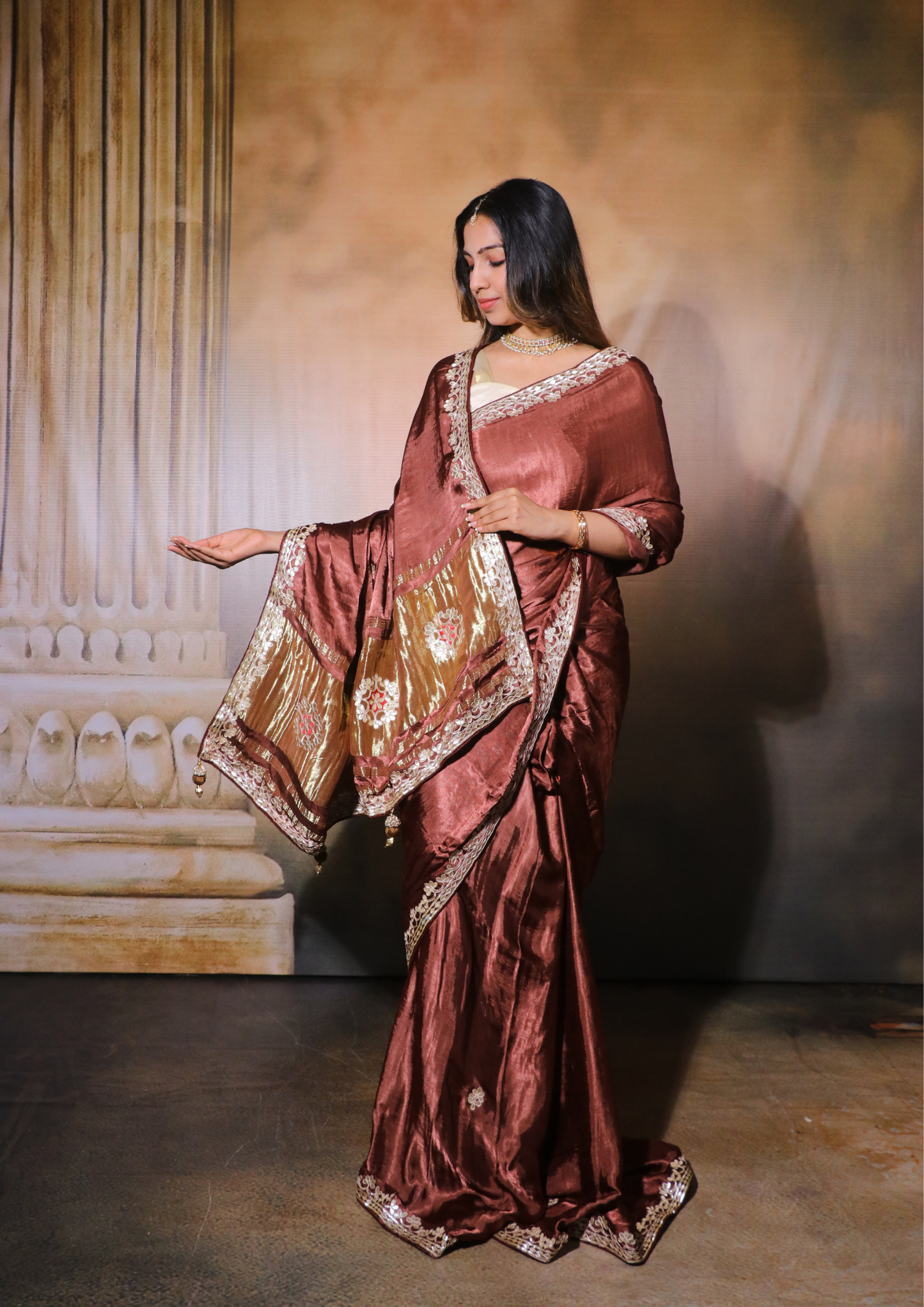 Modal Gajji Silk Gota Patti Saree-Nude Brown