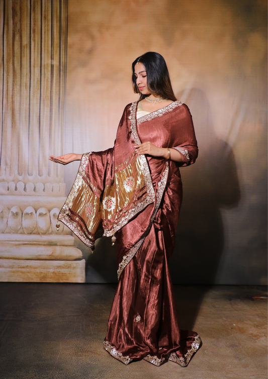 Modal Gajji Silk Gota Patti Saree-Nude Brown