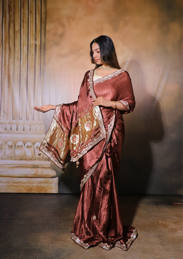 Modal Gajji Silk Gota Patti Saree-Nude Brown