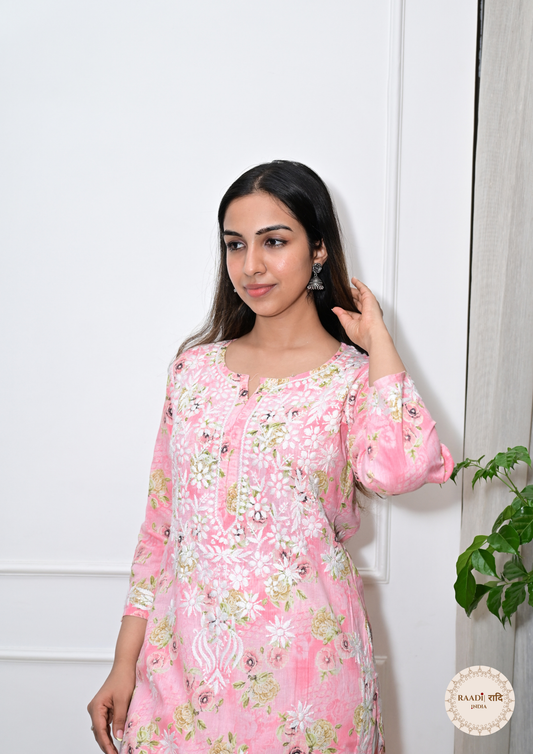 Printed Cotton Chikankari Kurti from Lucknow-Peach